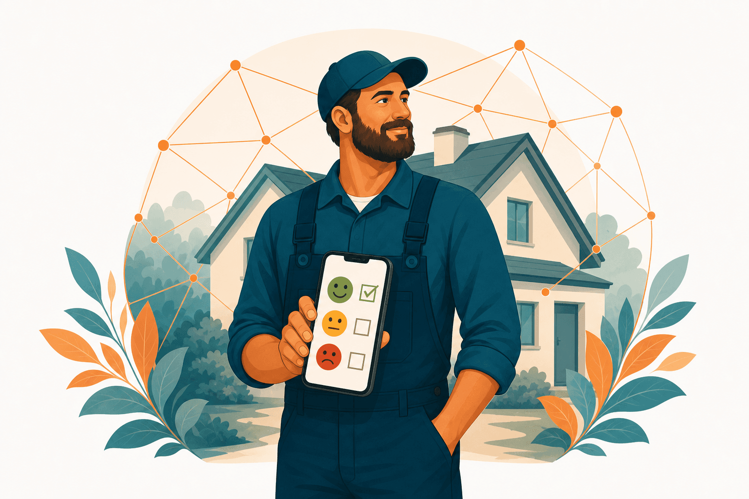 Handwerker prüft Ampel-Bewertung vor dem Hausbesuch – Illustration